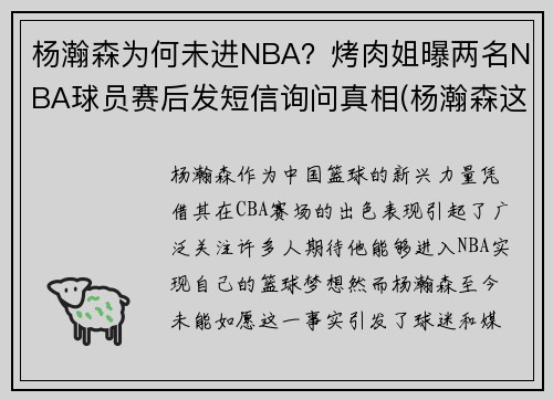 杨瀚森为何未进NBA？烤肉姐曝两名NBA球员赛后发短信询问真相(杨瀚森这个名字怎么样)